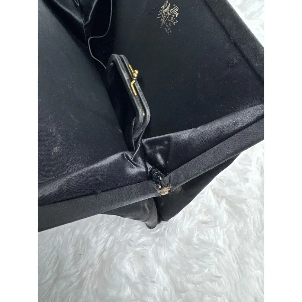 1950s After Five Black Satin Evening Clutch Rhinestone Clasp Coin Purse USA